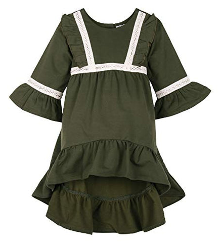 ContiKids Girls Ruffle Bell Sleeve Dress Toddler Hi Low Cotton Long Sleeve Dress with Waist Band 6 Green