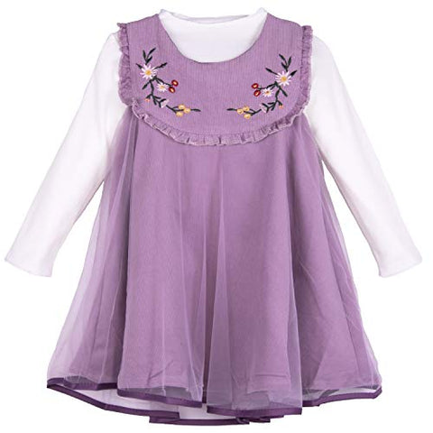ContiKids Girls 2 Pieces Set Dress Long Sleeve Shirts Sleveless Lined Embroidered Dress 15 Purple