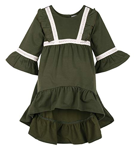 ContiKids Girls Ruffle Bell Sleeve Dress Toddler Hi Low Cotton Long Sleeve Dress with Waist Band 7 Green