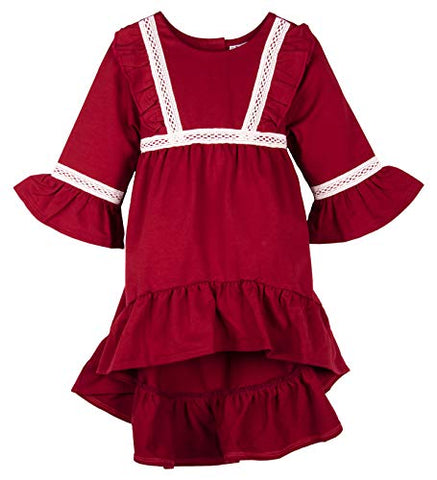 ContiKids Girls Ruffle Bell Sleeve Dress Toddler Hi Low Cotton Long Sleeve Dress with Waist Band 7 Red