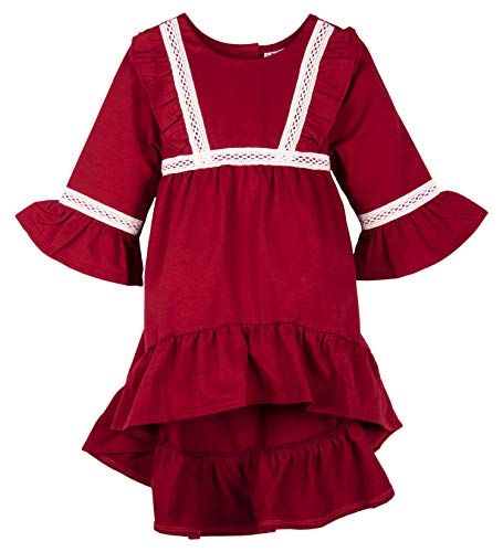 ContiKids Girls Ruffle Bell Sleeve Dress Toddler Hi Low Cotton Long Sleeve Dress with Waist Band 6 Red