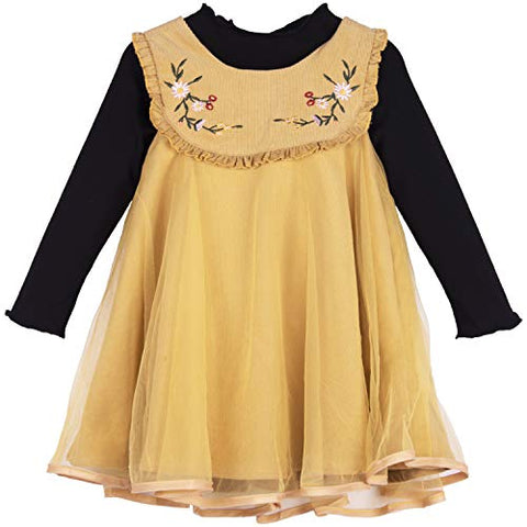 ContiKids Girls 2 Pieces Set Dress Long Sleeve Shirts Sleveless Lined Embroidered Dress 13 Mustard